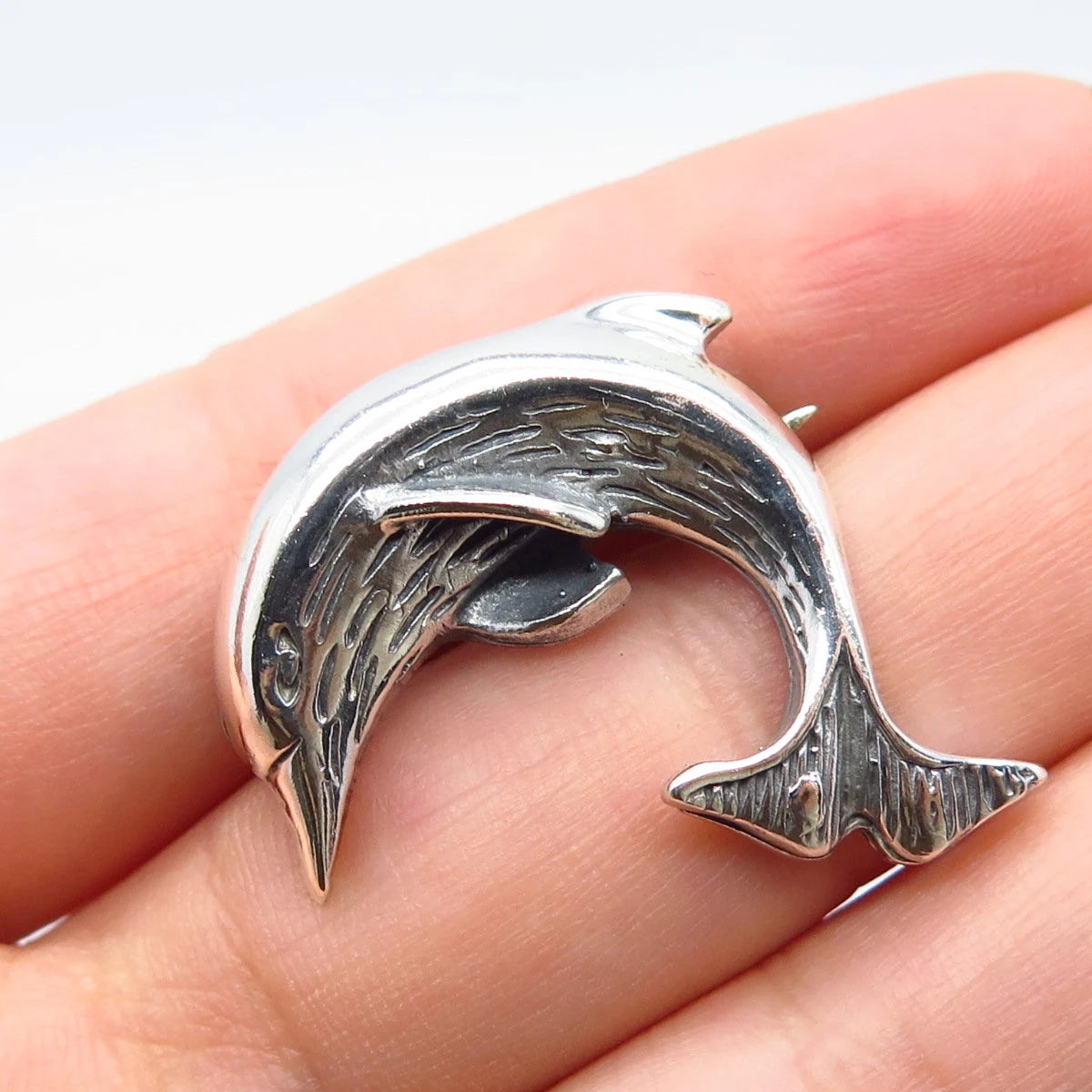 925 Sterling Silver Vintage Mexico Friendly Dolphin Pin Brooch