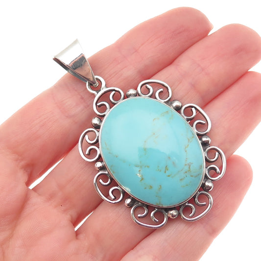 925 Sterling Silver Vintage Mexico Real Tyrone Turquoise Ornate Pendant