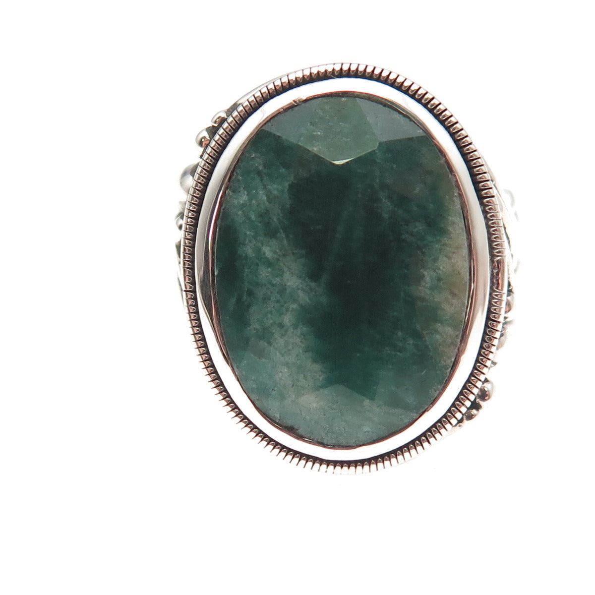 925 Sterling Silver Vintage Real Emerald Modernist Oxidized Ring Size 5.75