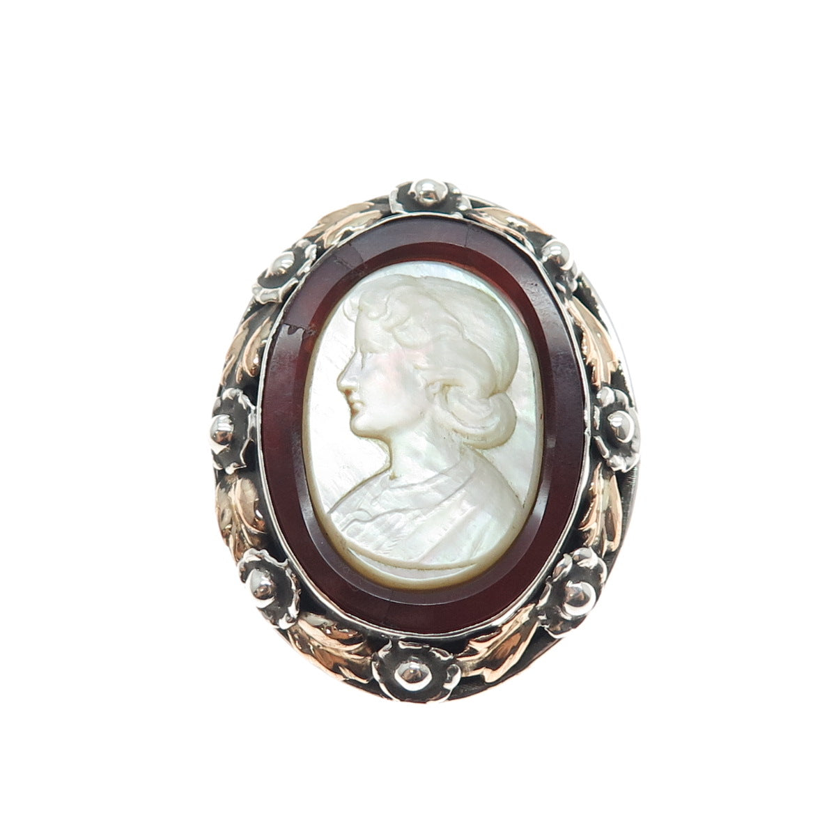 925 Sterling Silver Gold Antique Real MOP & Carnelian Lady Cameo Pin Brooch