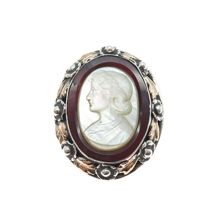 925 Sterling Silver Gold Antique Real MOP & Carnelian Lady Cameo Pin Brooch