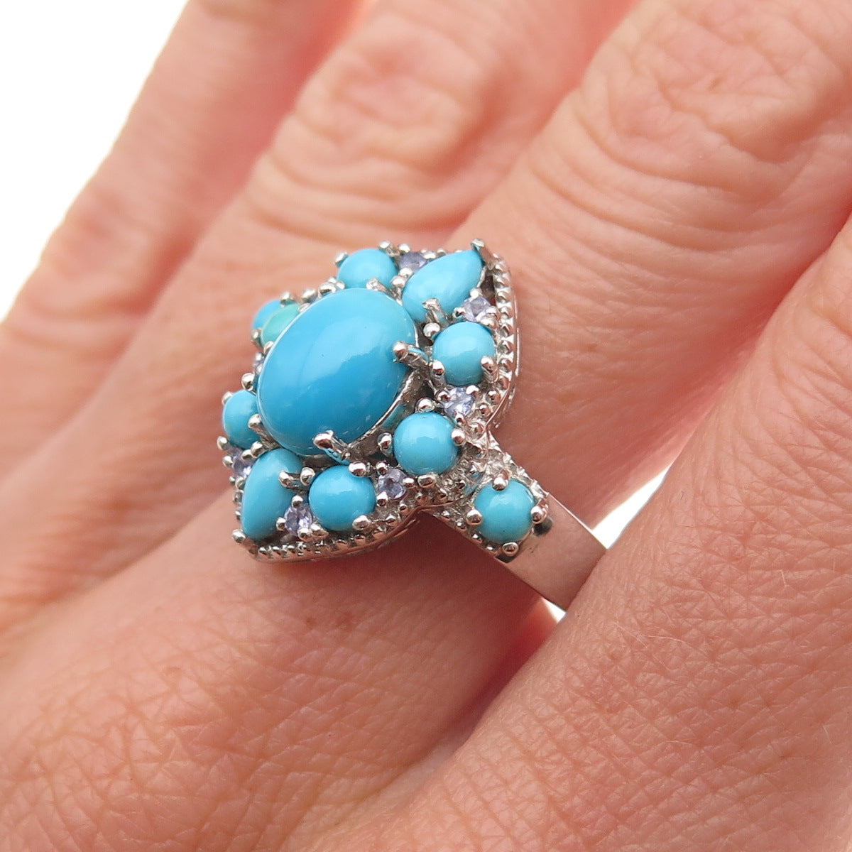 Chuck Clemency 925 Sterling Silver Real Turquoise & Tanzanite Floral Ring Size 8