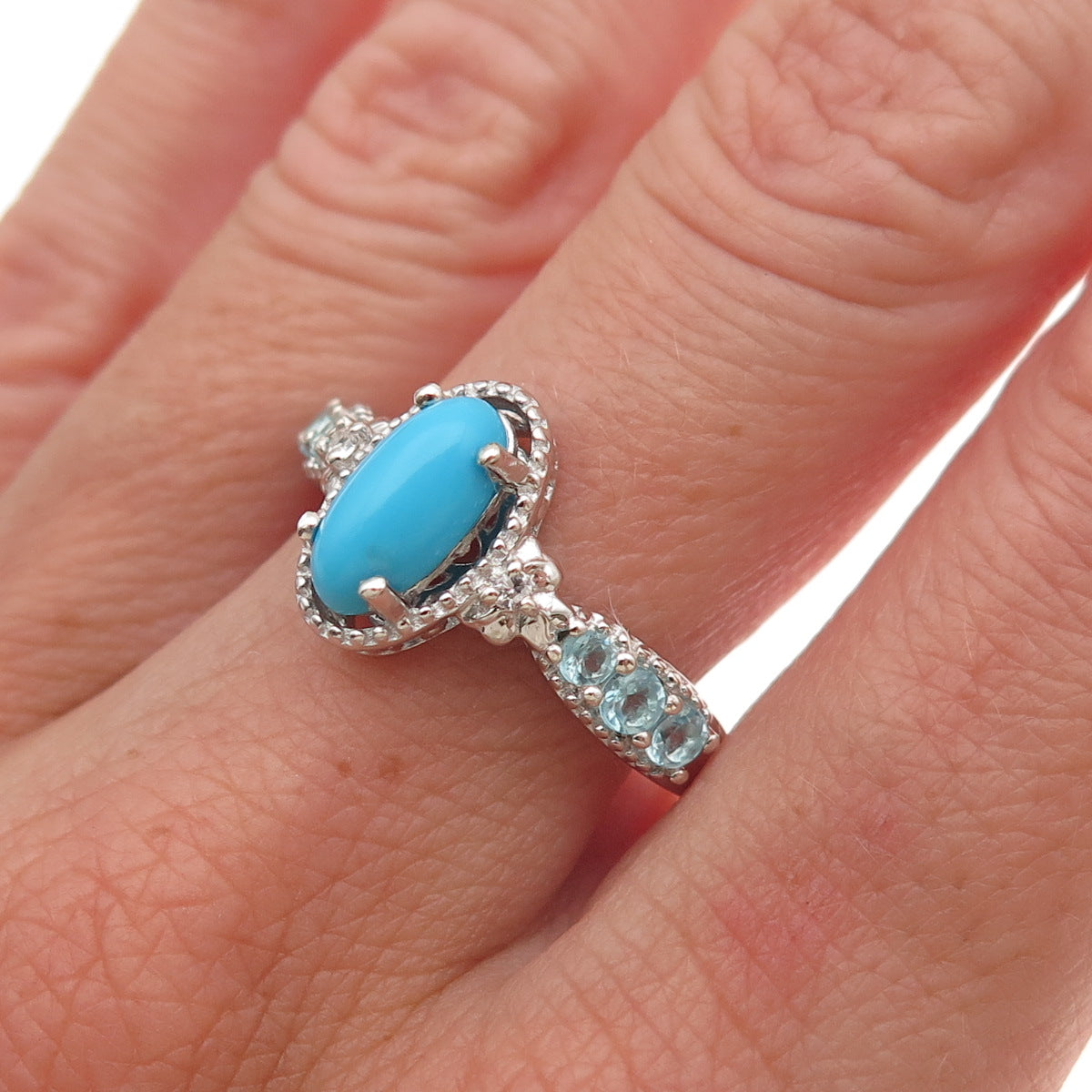 Chuck Clemency 925 Sterling Real Turquoise White Topaz & Aquamarine Ring Size 8