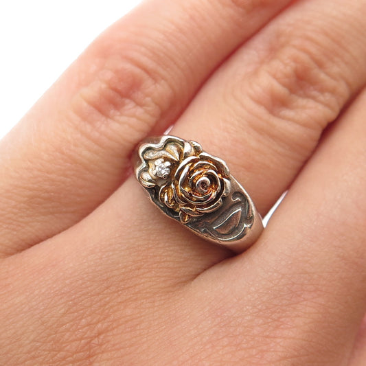 KEEPSAKE Sterling Silver Vintage Real Diamond Letter D Gold Rose Ring Size 5.75