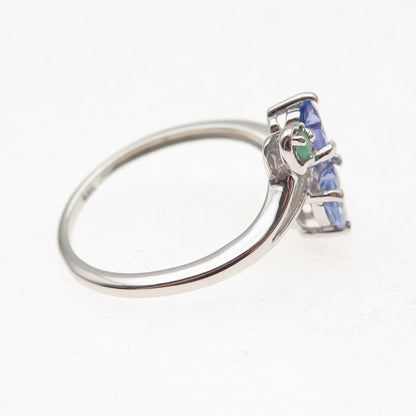 Chuck Clemency 925 Sterling Silver Real Tanzanite & Emerald Heart Ring Size 7.25