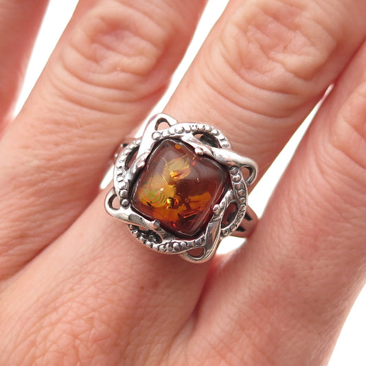 925 Sterling Silver Vintage Real Amber Modernist Floral Oxidized Ring Size 8.25