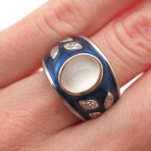 Ross Simons Sterling Silver Vintage Enamel Real Diamond & Moonstone Ring Size 5
