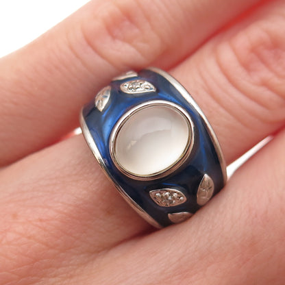 Ross Simons Sterling Silver Vintage Enamel Real Diamond & Moonstone Ring Size 5