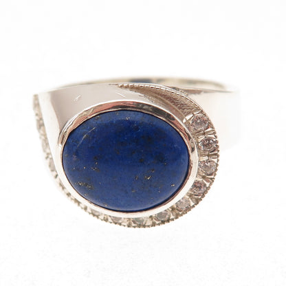 925 Sterling Silver Vintage Real Lapis & C Z Modernist Ring Size 13.5