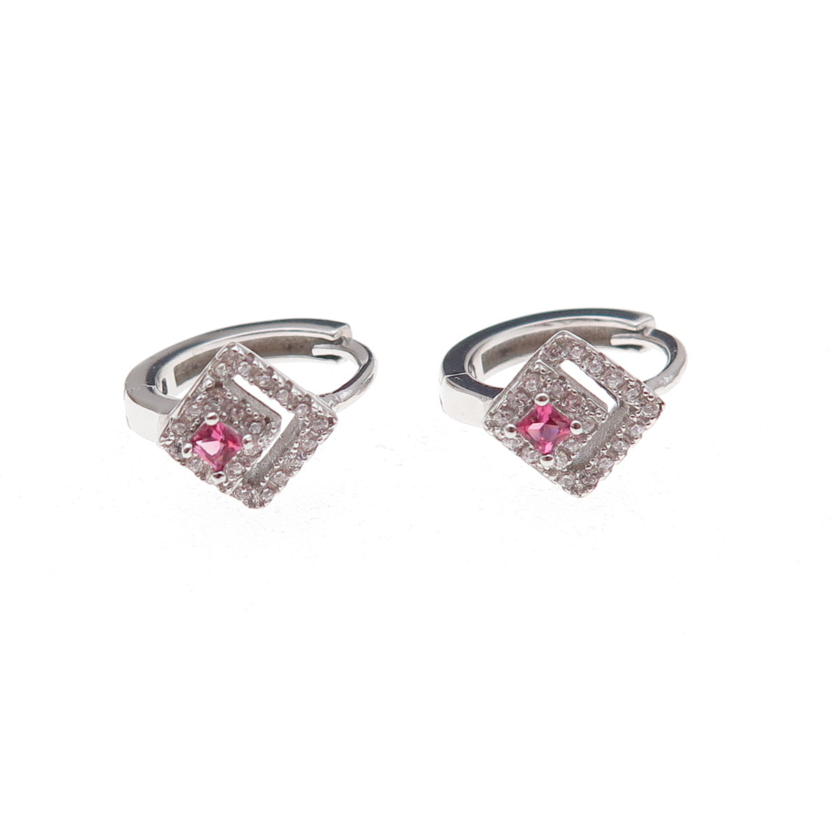 925 Sterling Silver Pink & White C Z Hoop Earrings