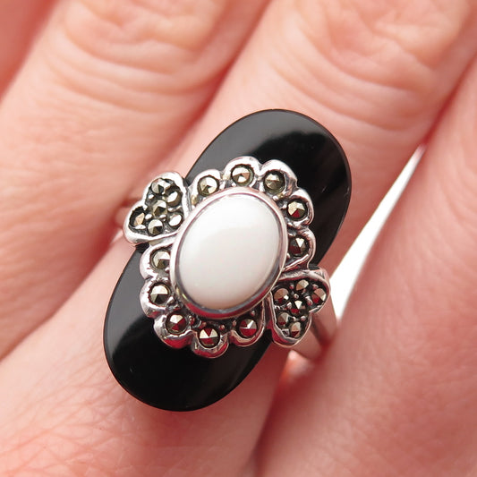 Chapal Zenray 925 Sterling Vintage Real Opal Black Onyx Marcasite Ring Size 7.25