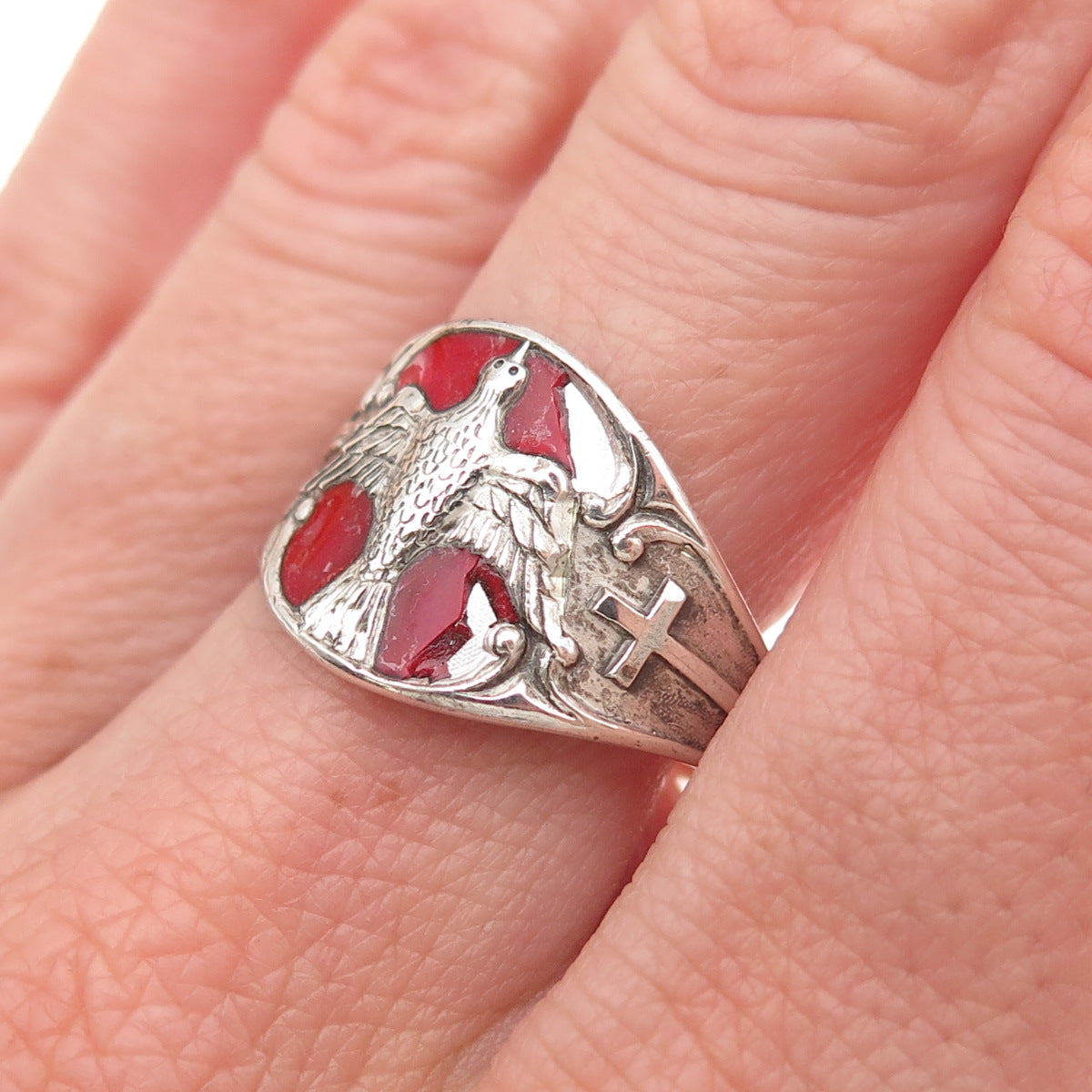 Creed 925 Sterling Antique Art Deco Enamel Holy Spirit Adjustable Ring Size 8.75