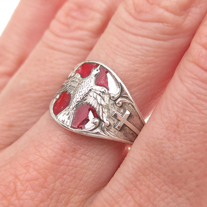 Creed 925 Sterling Antique Art Deco Enamel Holy Spirit Adjustable Ring Size 8.75