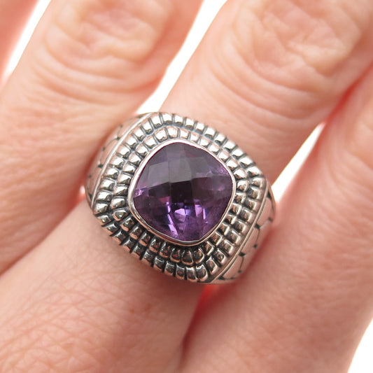 925 Sterling Silver Vintage Real Amethyst Honey Comb Oxidized Ring Size 7.25