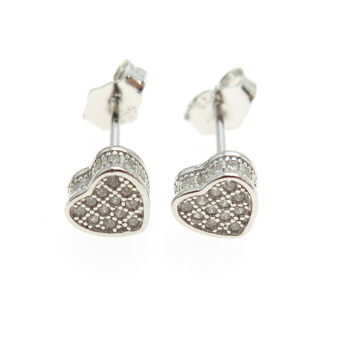 925 Sterling Silver Round-Cut C Z Sparkle Heart Stud Earrings