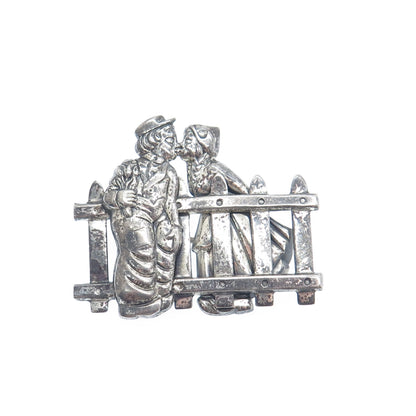 BEAU 925 Sterling Silver Vintage Kissing Couple Along a Fence Oxidized Brooch