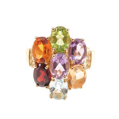 Han 925 Sterling Silver Gold Plated Real Multi-Color Gem Cluster Ring Size 8