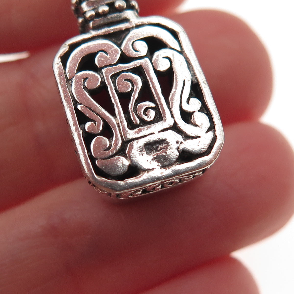 925 Sterling Silver Vintage Real Emerald-Cut Amethyst Beaded Charm Pendant