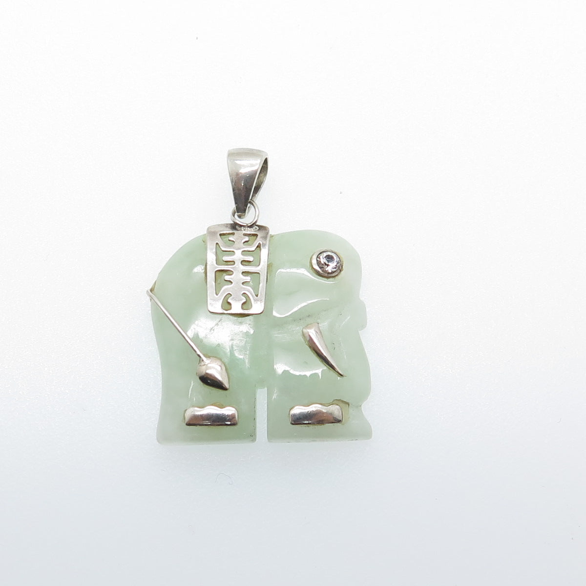 AVON 925 Sterling Vintage Real Jade & C Z Elephant Chinese Character Pendant