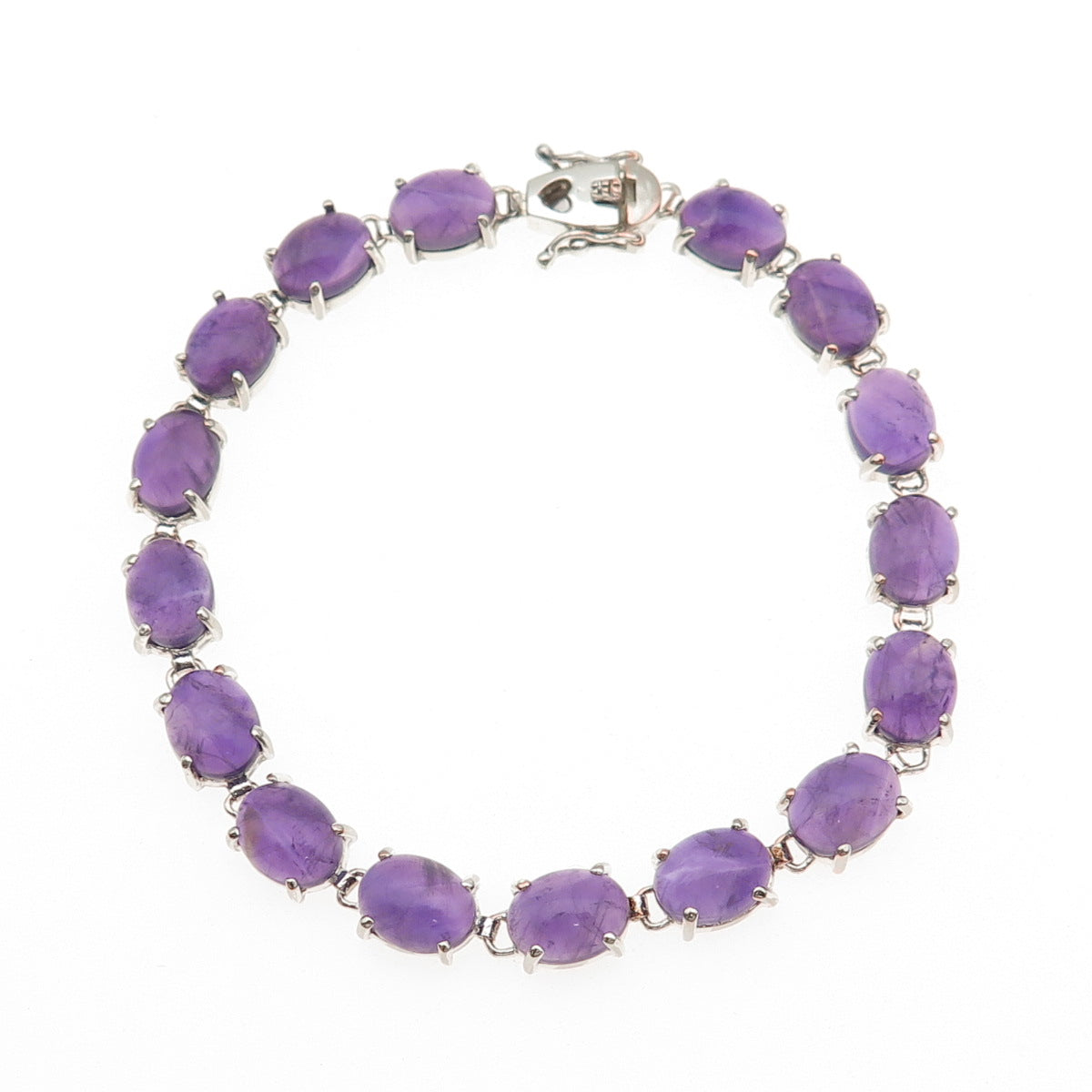 925 Sterling Silver Vintage Real Cabochon Amethyst Link Bracelet 7.5"