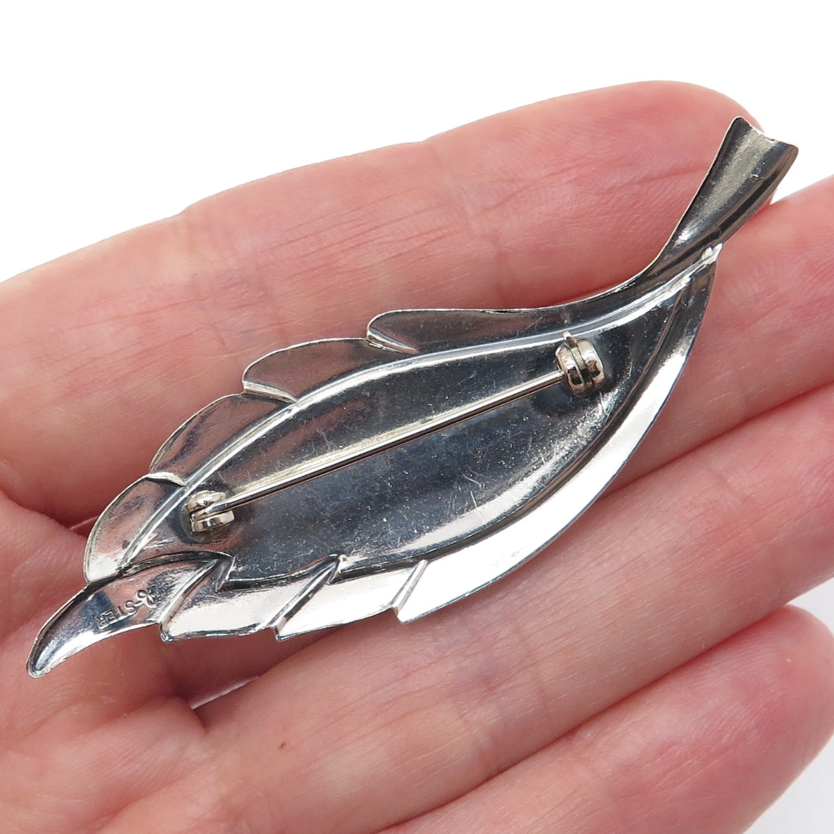 BEAU 925 Sterling Silver Vintage Floral Leaf / Feather Pin Brooch