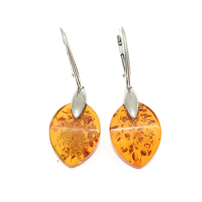 925 Sterling Silver Vintage Real Amber Modernist Earrings