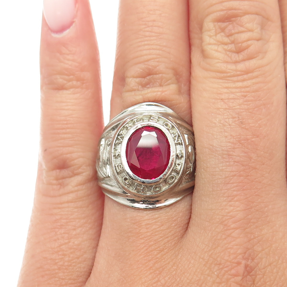 925 Sterling Silver Vintage 1968 Lab-Created Ruby Wilson School Ring Size 6.75