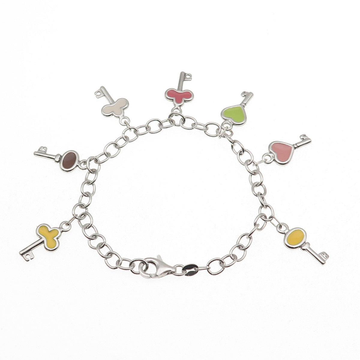925 Sterling Silver Enamel Hearts & Clubs Key Dangle Charm Bracelet 7"