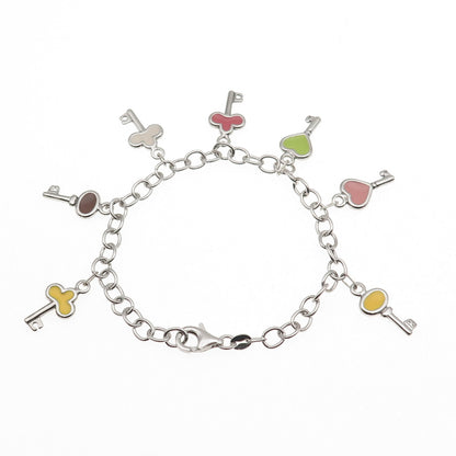 925 Sterling Silver Enamel Hearts & Clubs Key Dangle Charm Bracelet 7"