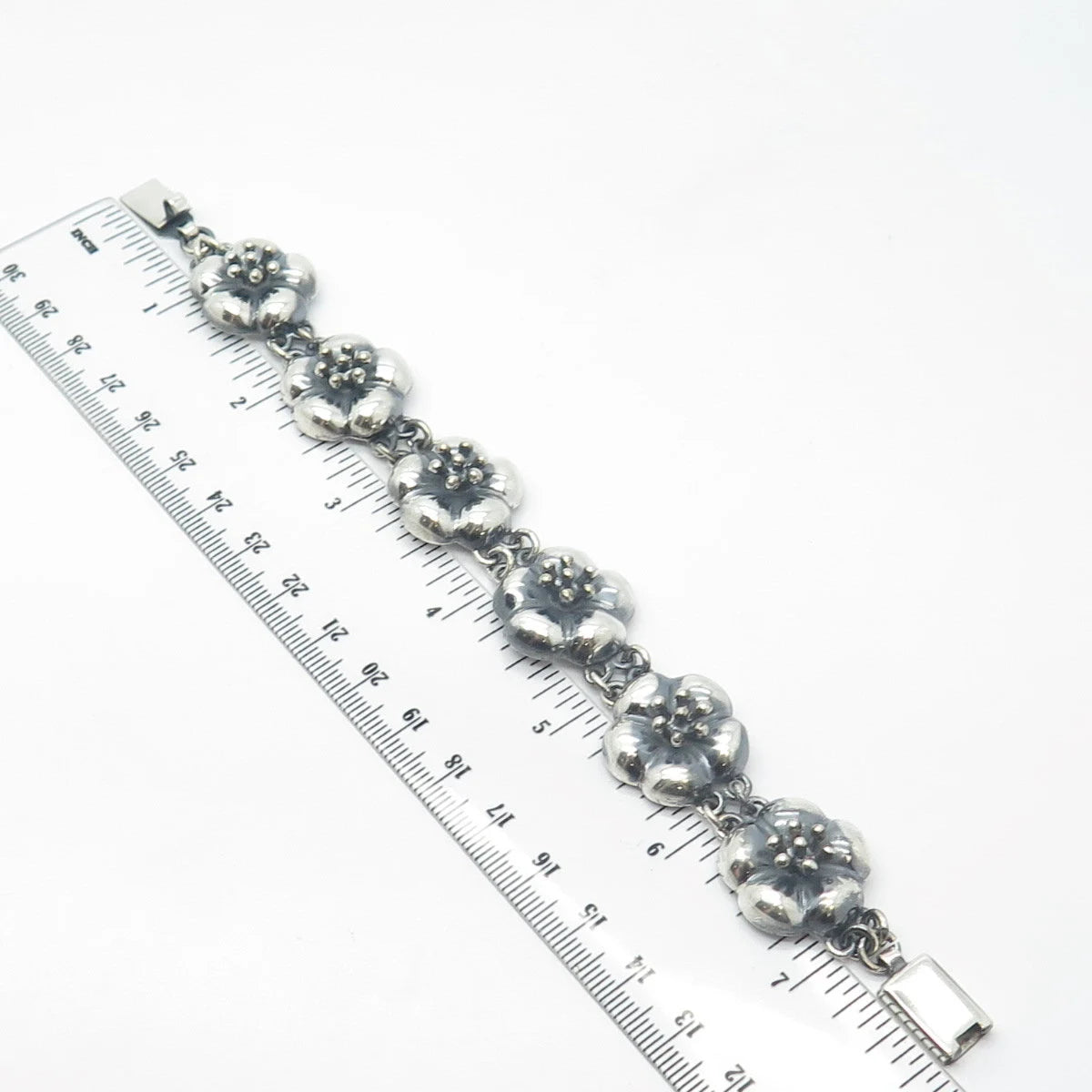 925 Sterling Silver Vintage CII Mexico Floral Link Bracelet 7.5"