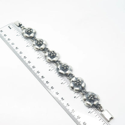 925 Sterling Silver Vintage CII Mexico Floral Link Bracelet 7.5"