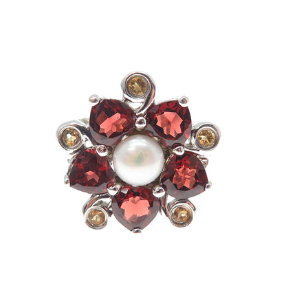 925 Sterling Silver Vintage Real Pearl Red Garnet Citrine Flower Ring Size 7.25