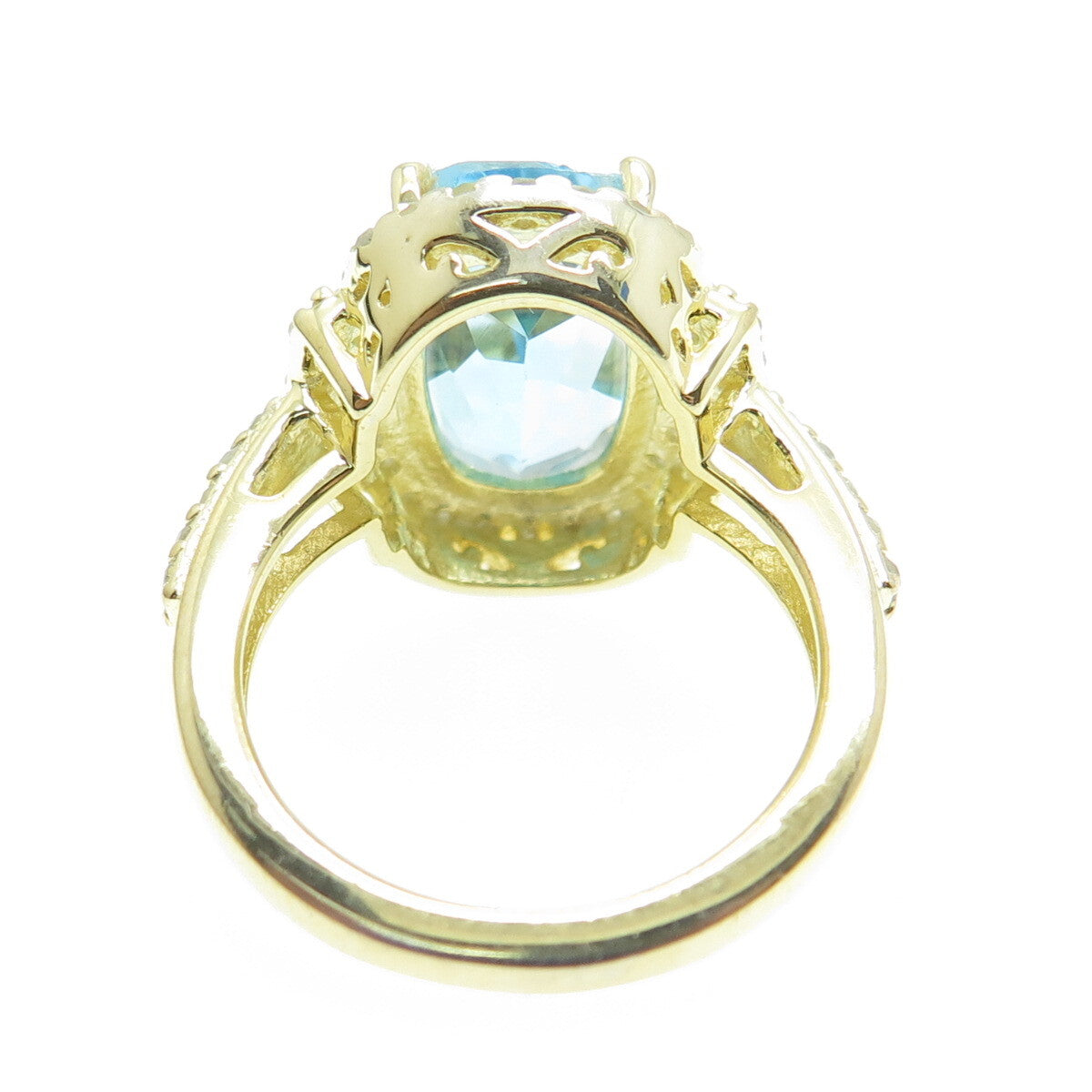 DSMK 925 Sterling Silver Gold Plated Real Diamond & Blue Topaz Ring Size 6.75