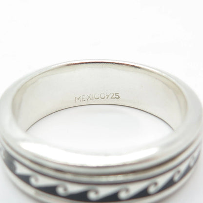 925 Sterling Silver Vintage Mexico Enamel Water Pattern Band Ring Size 13.25