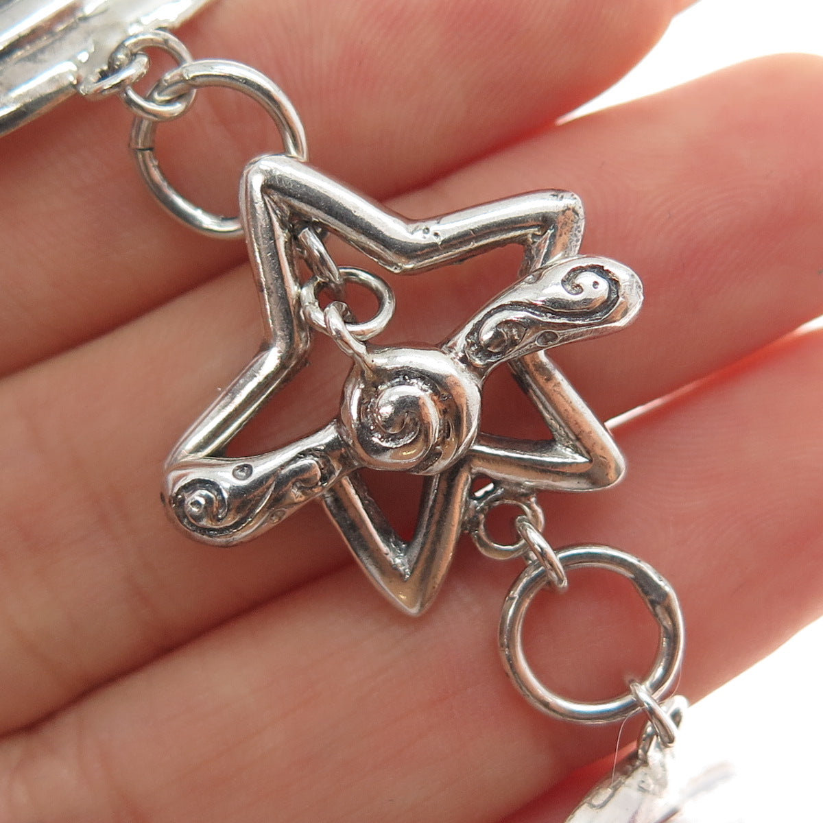 925 Sterling Silver Vintage Seashell Starfish Sea Life Charm Bracelet 6.75"