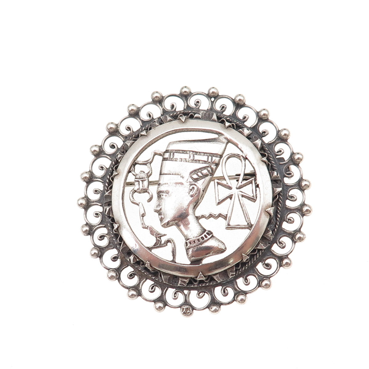 800 Silver Antique Art Deco Egyptian Nefertiti Pharoh Oxidized Pin Brooch