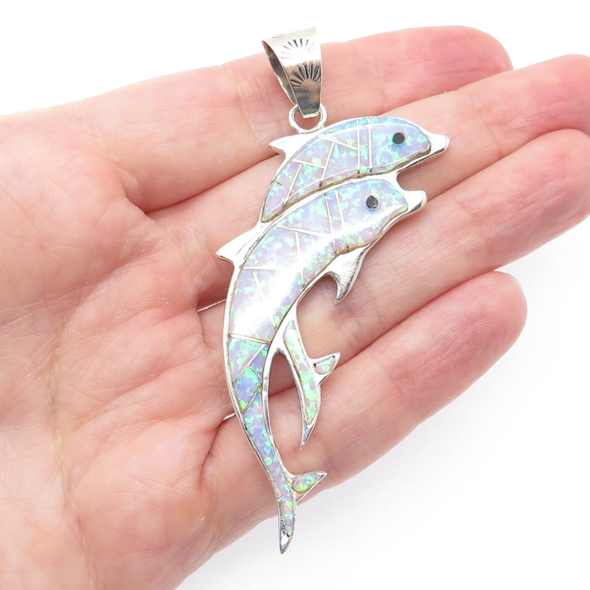 CALVIN PETERSON NAVAJO Old Pawn 925 Sterling Vintage Opal & Onyx Dolphin Pendant