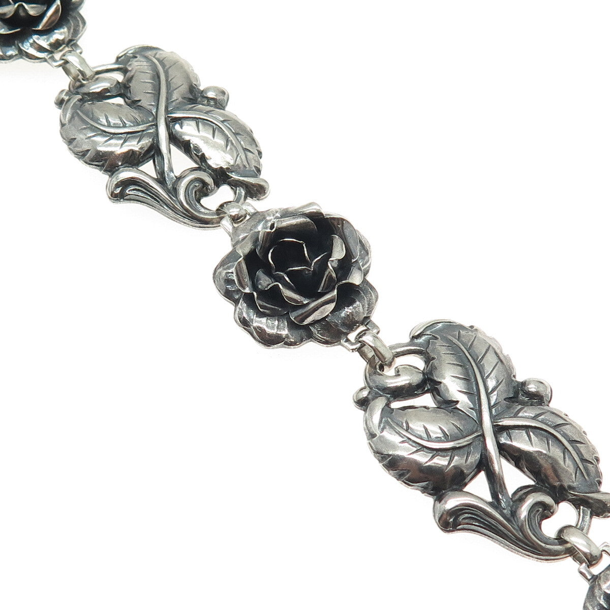 925 Sterling Silver Antique Art Deco Rose Flower Oxidized Bracelet 7.25"