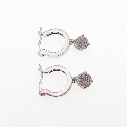 925 Sterling Silver Real Round-Cut Diamond Dangle Charm Hoop Earrings