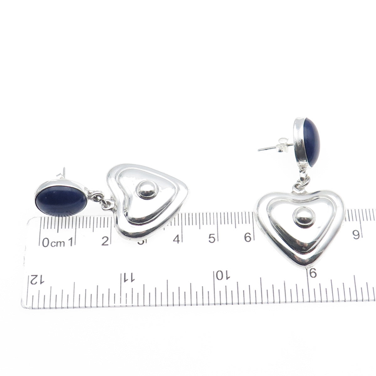 925 Sterling Silver Vintage Mexico Real Lapis Lazuli Heart Dangle Earrings