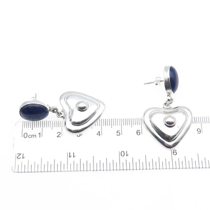 925 Sterling Silver Vintage Mexico Real Lapis Lazuli Heart Dangle Earrings