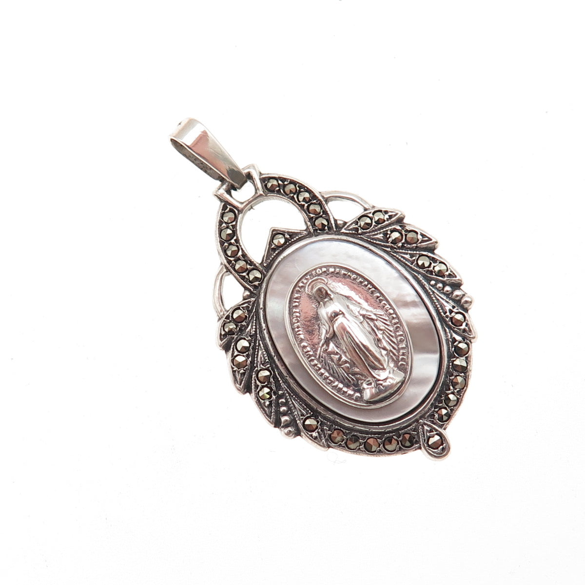 925 Sterling Silver Antique Art Deco Real MOP & Marcasite St. Mary Charm Pendant