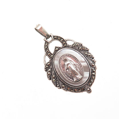 925 Sterling Silver Antique Art Deco Real MOP & Marcasite St. Mary Charm Pendant