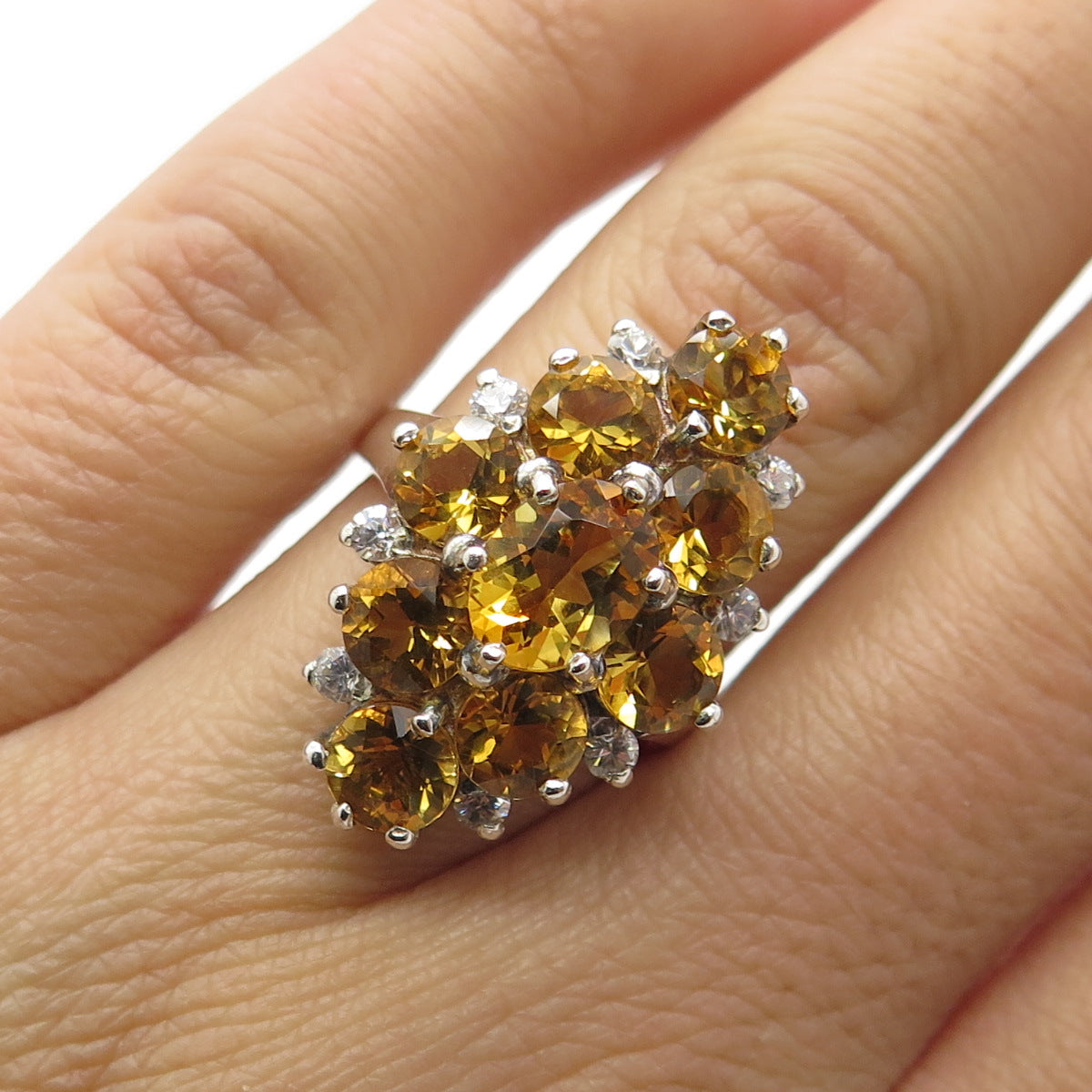 925 Sterling Silver Real Citrine Gemstone & C Z Statement Ring Size 5.75