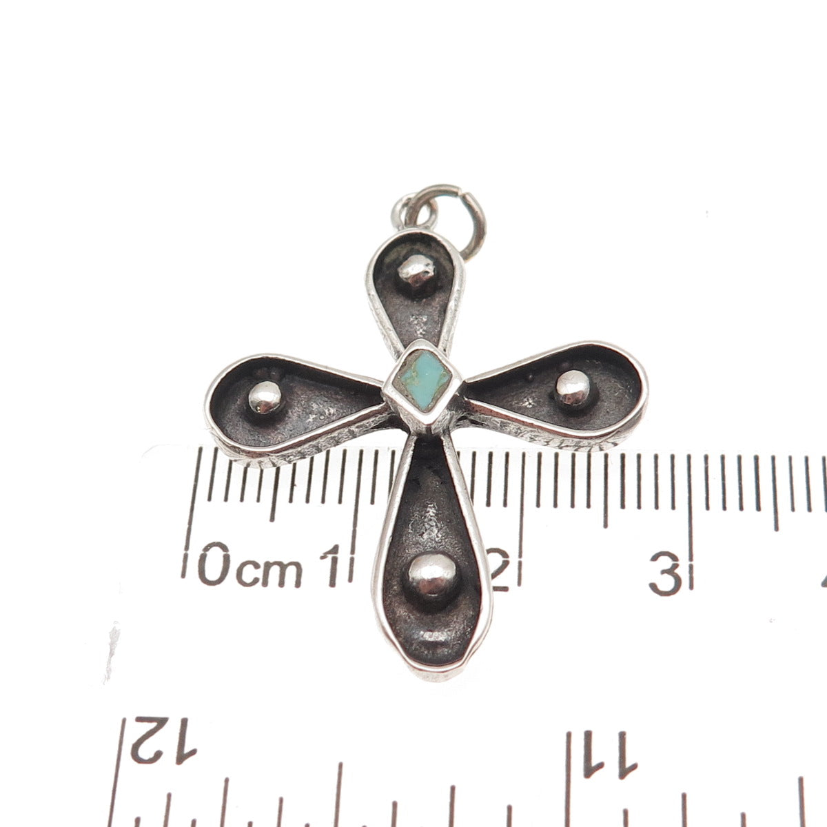 Old Pawn 925 Sterling Silver Vintage Turquoise Cross Oxidized Charm Pendant