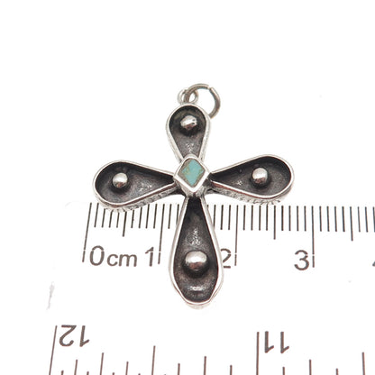 Old Pawn 925 Sterling Silver Vintage Turquoise Cross Oxidized Charm Pendant