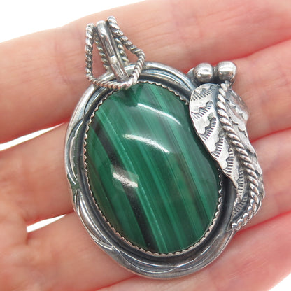 GENE NATAAN NAVAJO Old Pawn Sterling Silver Vintage Malachite Feather Pendant