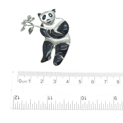 925 Sterling Silver Vintage Real Black Onyx & MOP Panda Pin Brooch