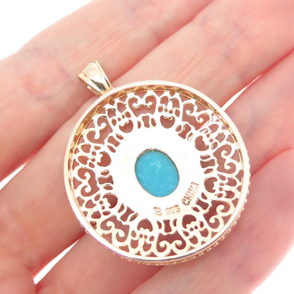 ROSS SIMONS Sterling Silver Gold Plated Vintage Real Turquoise Ornate Pendant