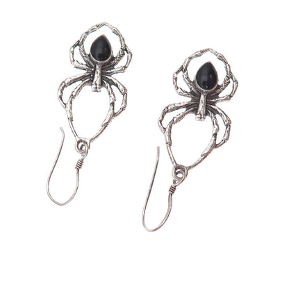 925 Sterling Silver Vintage Real Black Onyx Spider Oxidized Dangle Earrings